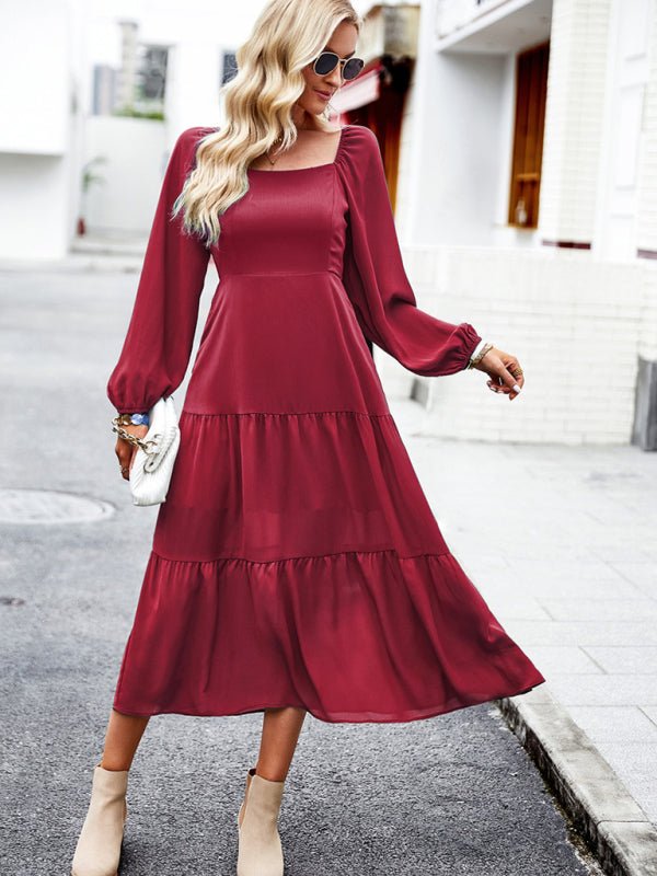 Elegant and elegant multi - layer long skirt with square collar - Casual Dress
