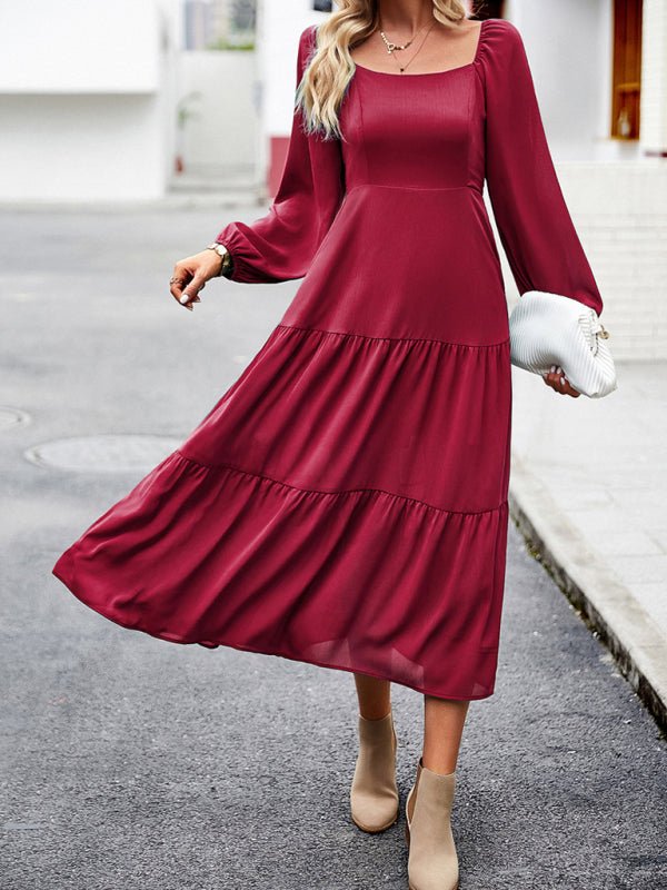 Elegant and elegant multi - layer long skirt with square collar - Casual Dress