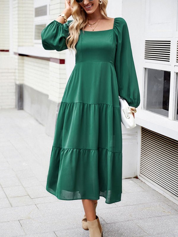 Elegant and elegant multi - layer long skirt with square collar - Casual Dress