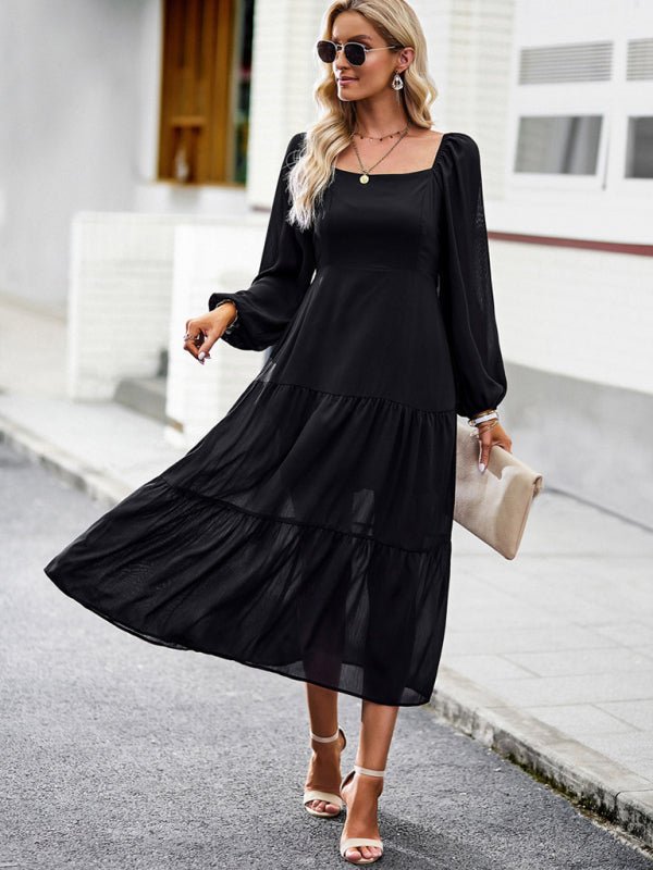 Elegant and elegant multi - layer long skirt with square collar - Casual Dress