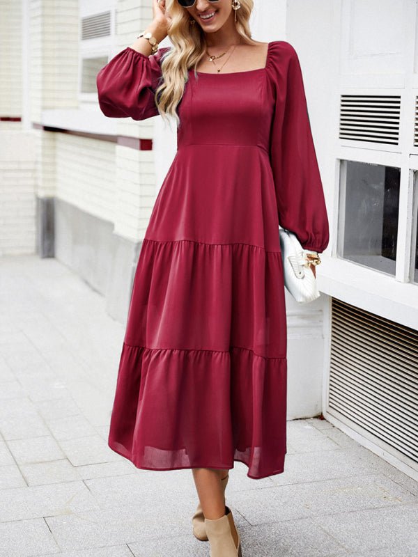 Elegant and elegant multi - layer long skirt with square collar - Casual Dress