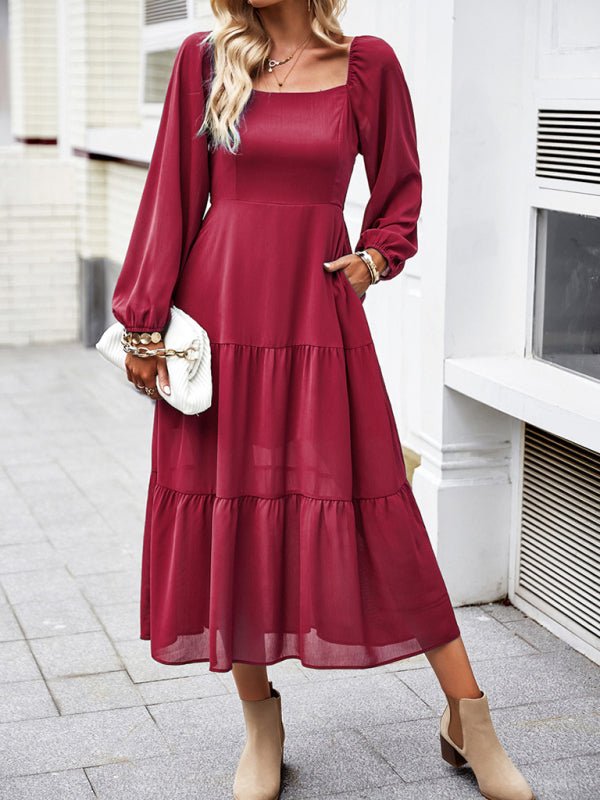 Elegant and elegant multi - layer long skirt with square collar - Casual Dress