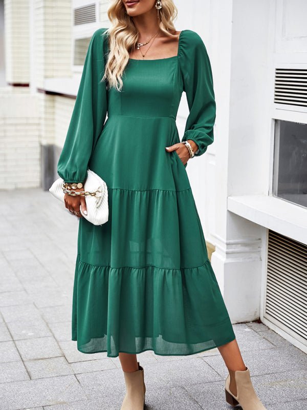 Elegant and elegant multi - layer long skirt with square collar - Casual Dress