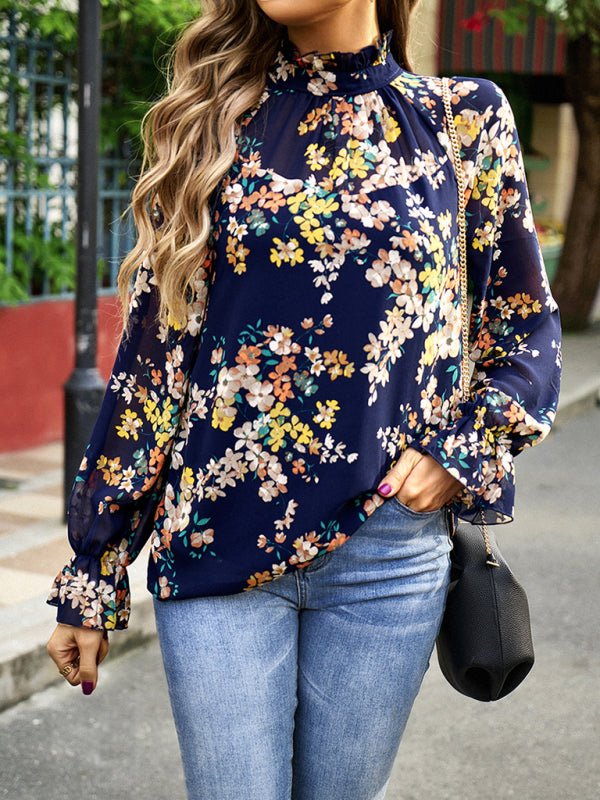 Elegant commuter plant print stitching ruffled shirt - Top