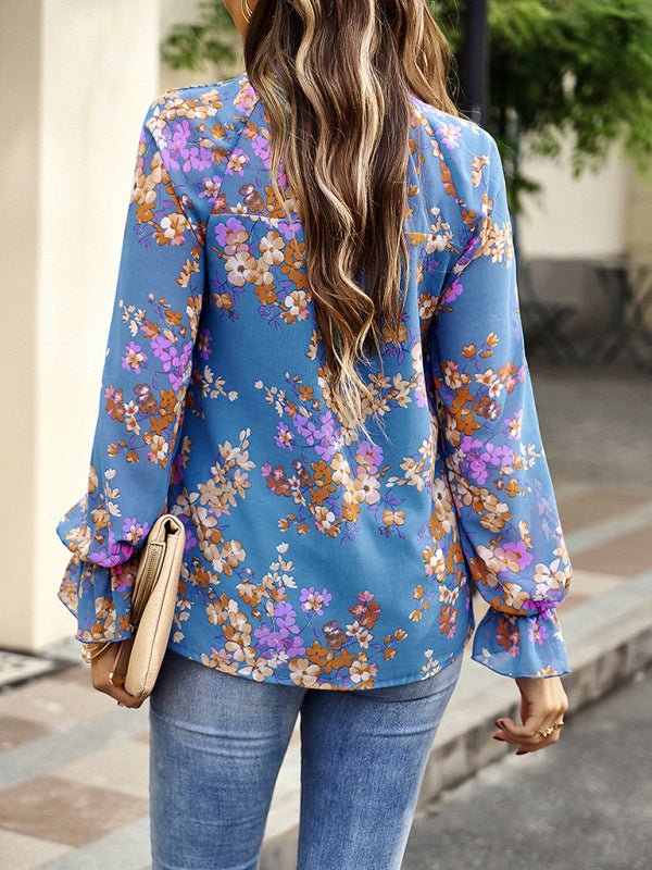 Elegant commuter plant print stitching ruffled shirt - Top