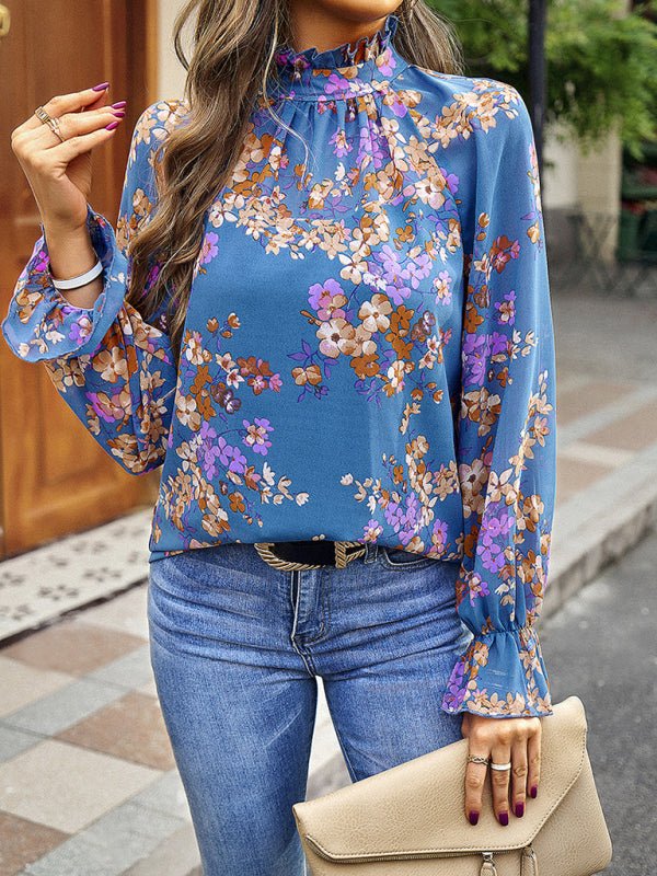 Elegant commuter plant print stitching ruffled shirt - Top