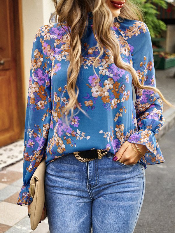 Elegant commuter plant print stitching ruffled shirt - Top