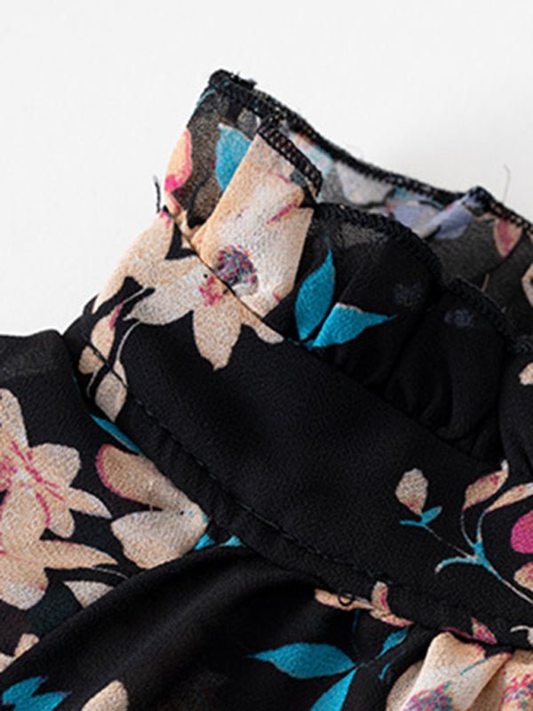 Elegant commuter plant print stitching ruffled shirt - Top