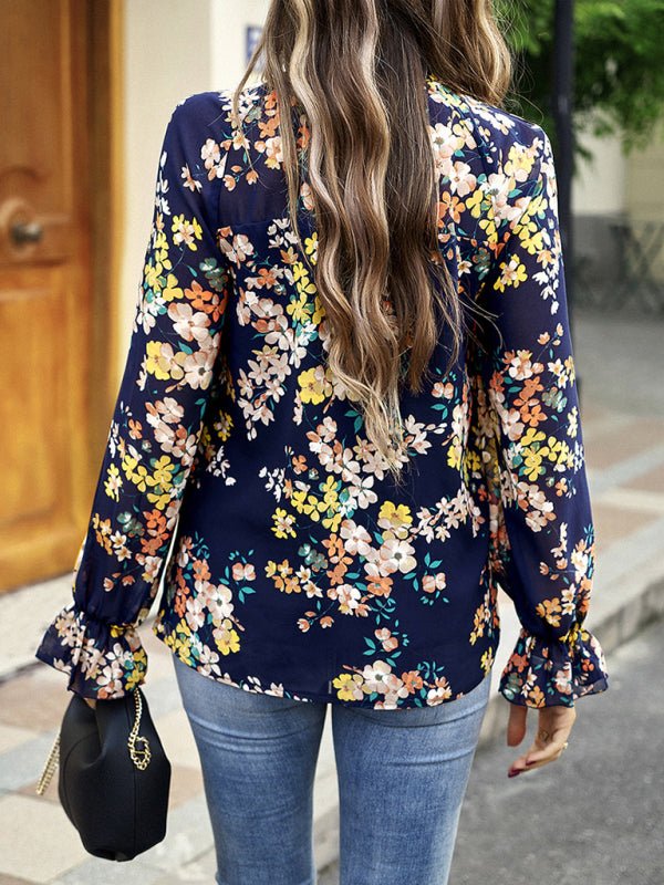 Elegant commuter plant print stitching ruffled shirt - Top