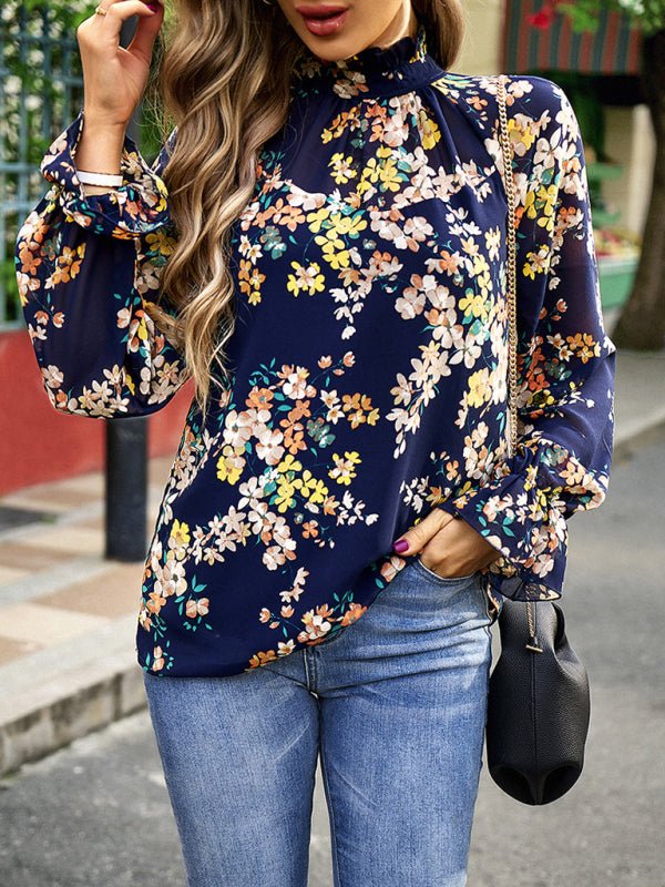 Elegant commuter plant print stitching ruffled shirt - Top