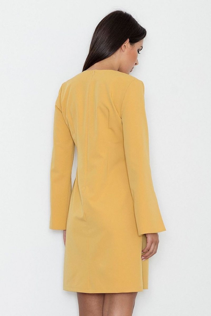 Elegant Dress with Pointed Neckline & Slit Sleeves – Simple Cut & High - Quality Fabric - Day Dress