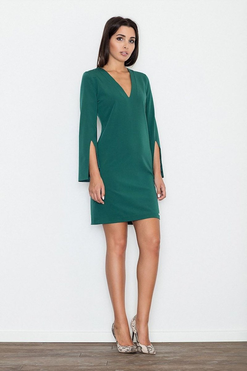 Elegant Dress with Pointed Neckline & Slit Sleeves – Simple Cut & High - Quality Fabric - Day Dress