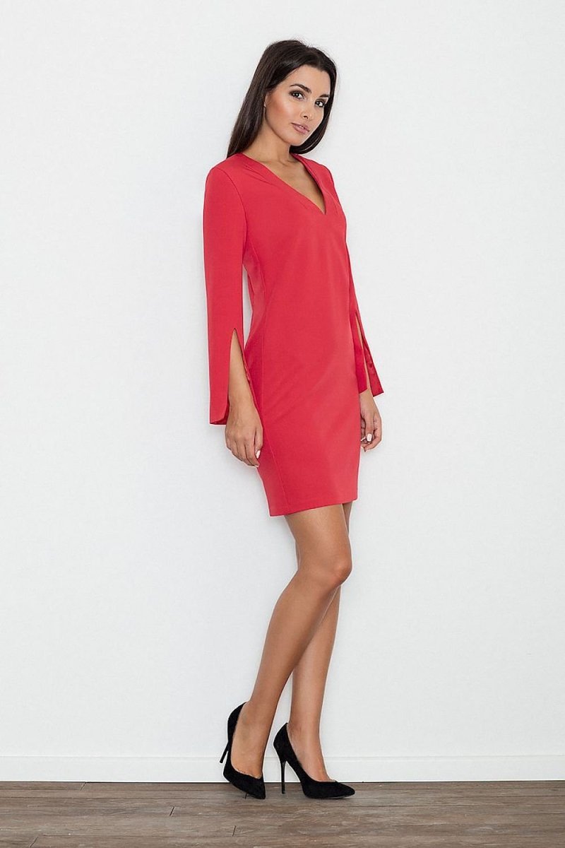 Elegant Dress with Pointed Neckline & Slit Sleeves – Simple Cut & High - Quality Fabric - Day Dress