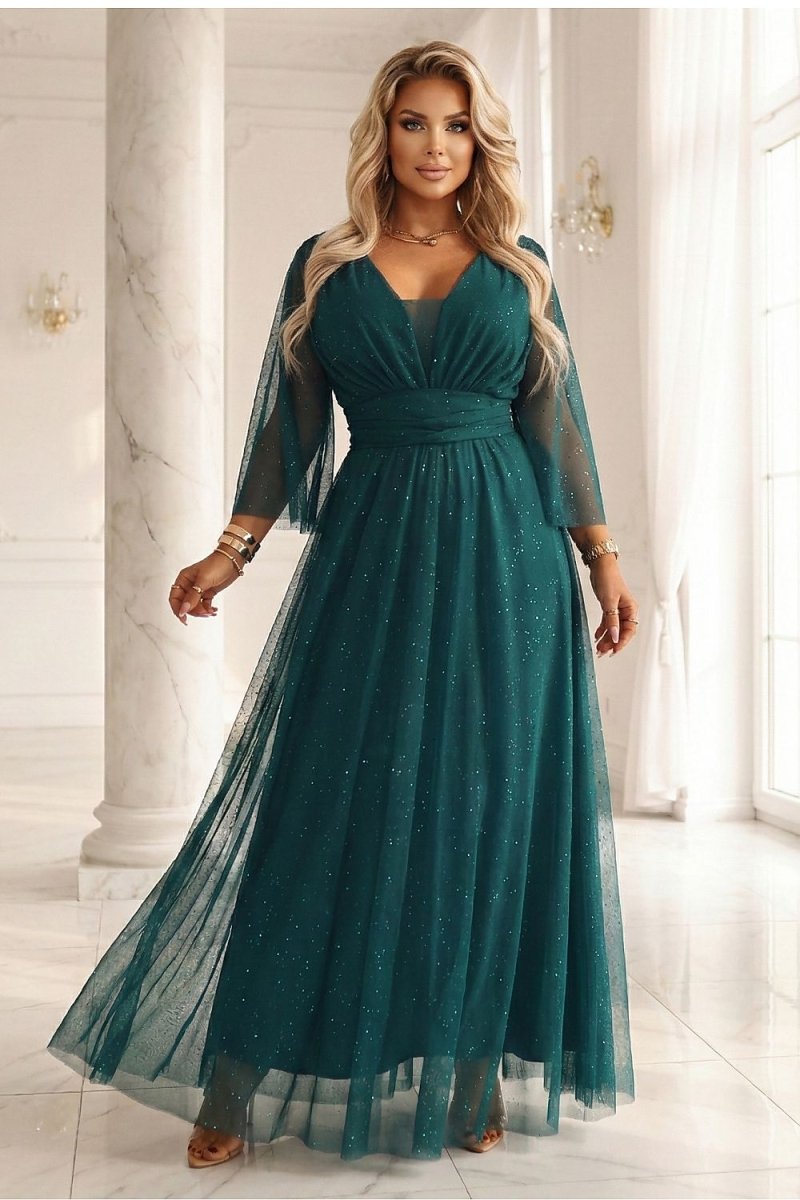 Elegant Green Maxi Dress with Tulle Sleeves - 