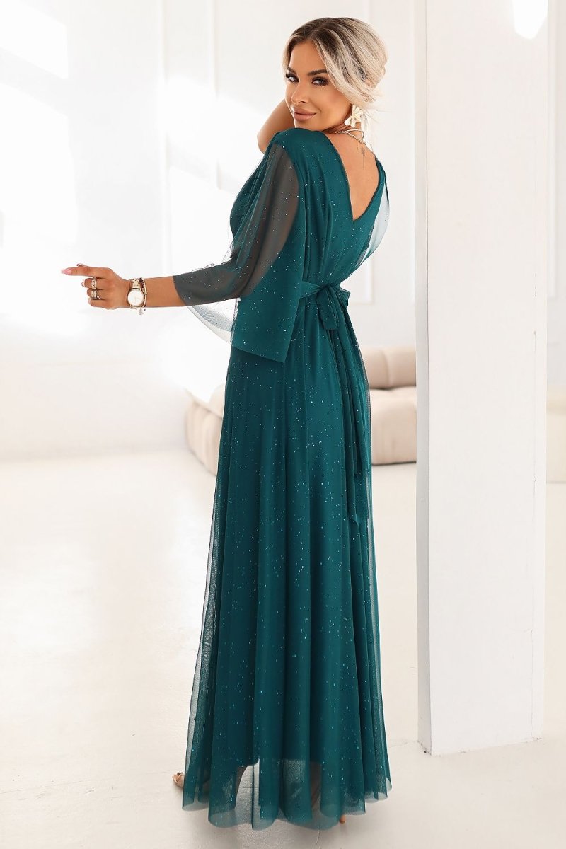 Elegant Green Maxi Dress with Tulle Sleeves - 