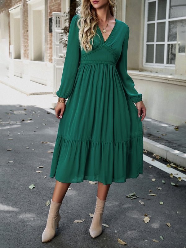 Elegant lace solid color V - neck dress - Vacation Dress
