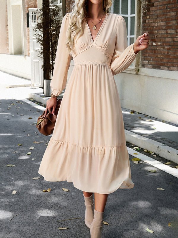 Elegant lace solid color V - neck dress - Vacation Dress