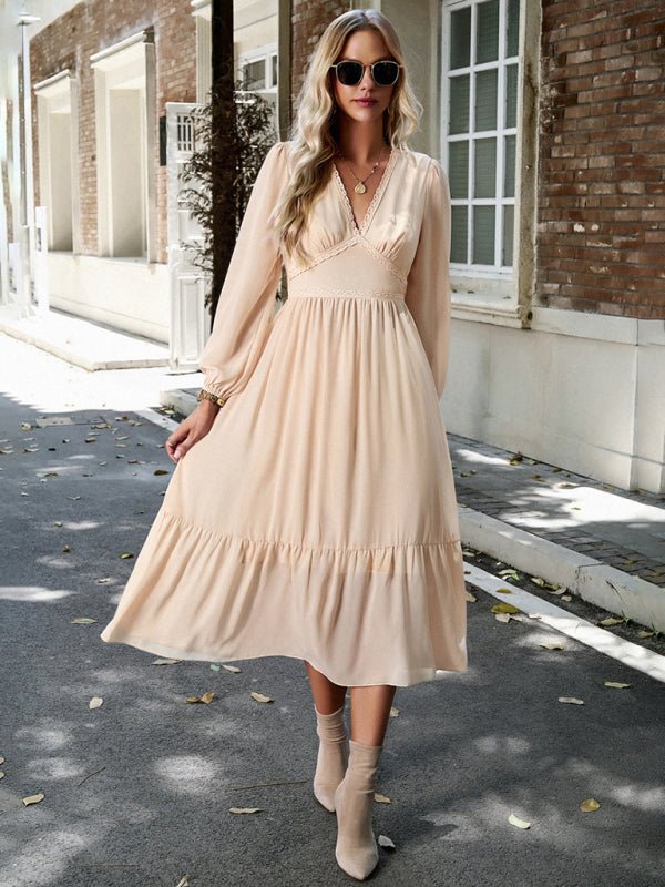 Elegant lace solid color V - neck dress - Vacation Dress
