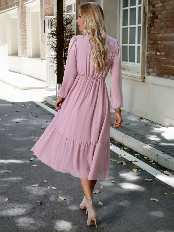 Elegant lace solid color V - neck dress - Vacation Dress