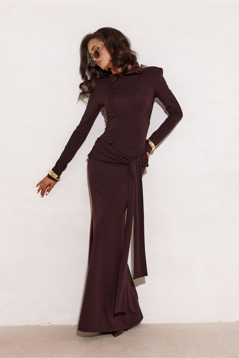 Elegant Long Sleeve Maxi Dress with Sash - 