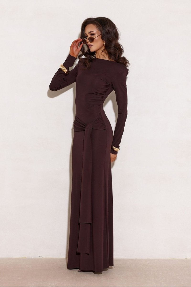 Elegant Long Sleeve Maxi Dress with Sash - 