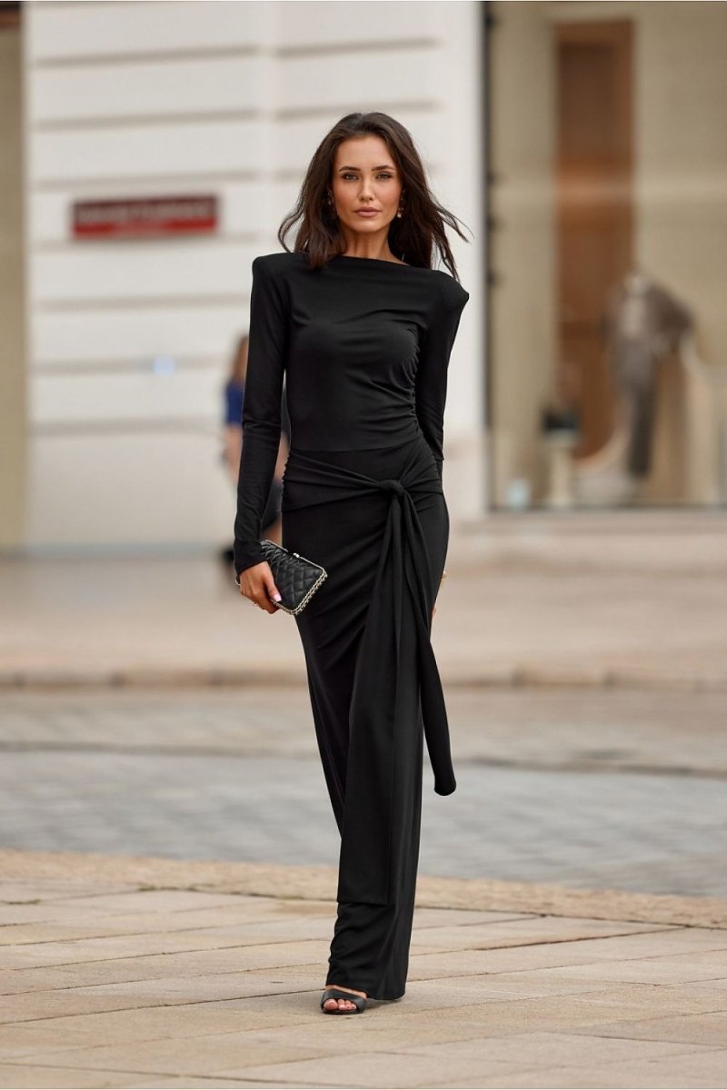 Elegant Long Sleeve Maxi Dress with Sash - 