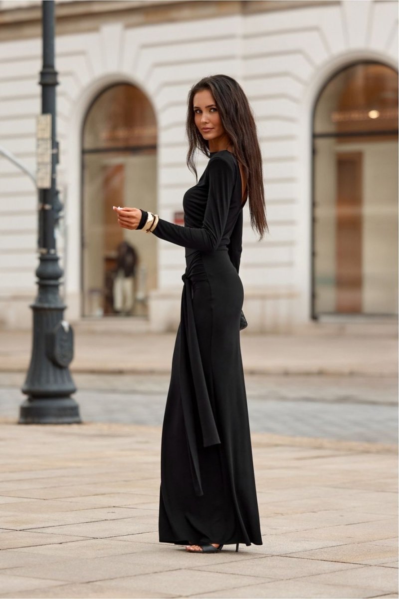 Elegant Long Sleeve Maxi Dress with Sash - 