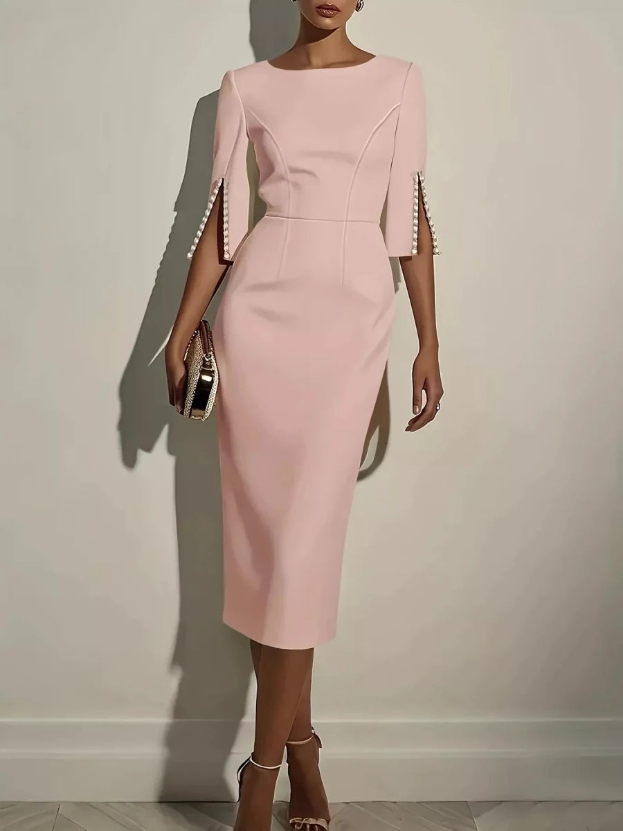 Elegant Midi Dress with Beaded Slit Sleeve - 