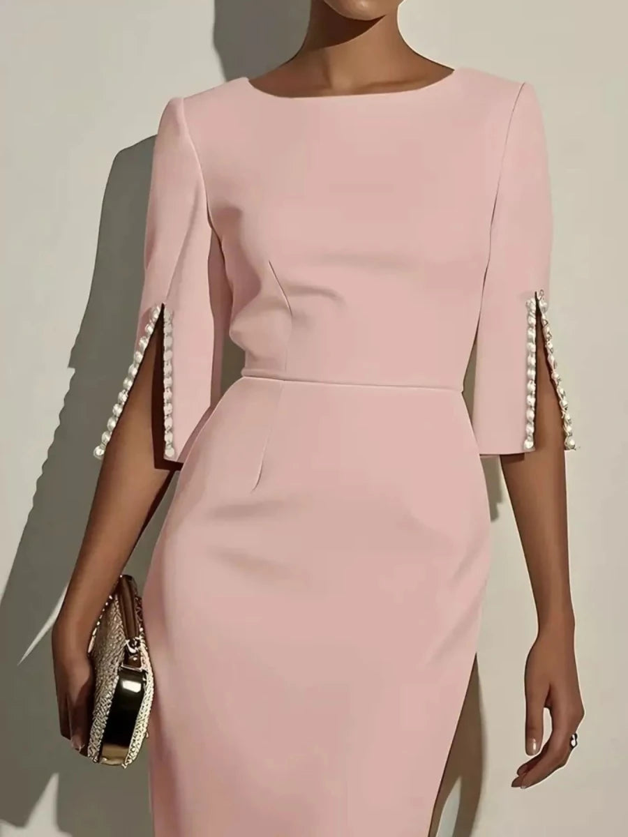 Elegant Midi Dress with Beaded Slit Sleeve - 