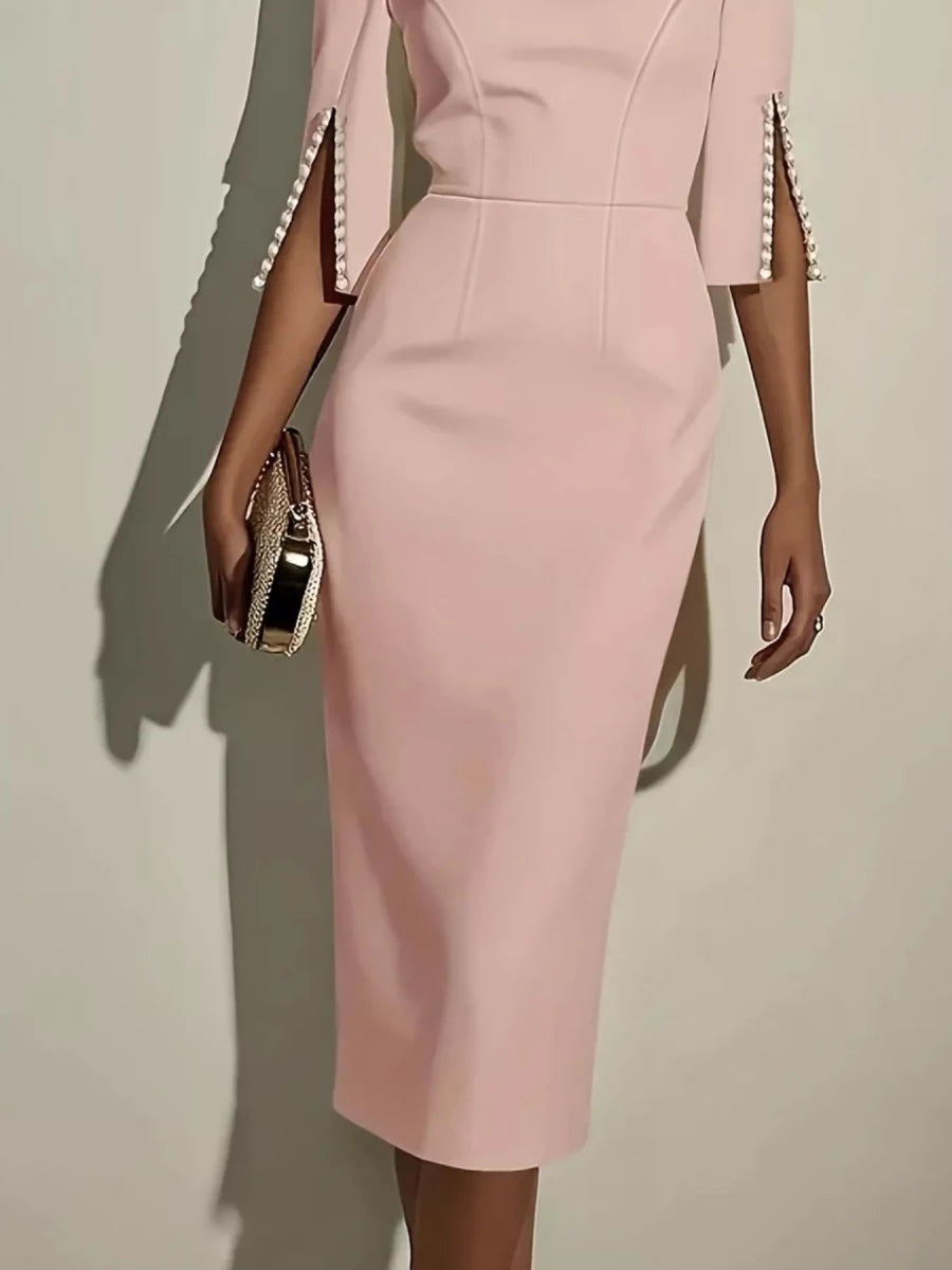 Elegant Midi Dress with Beaded Slit Sleeve - 