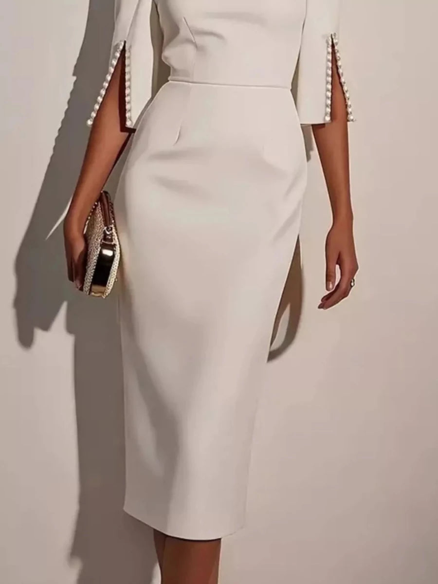 Elegant Midi Dress with Beaded Slit Sleeve - 