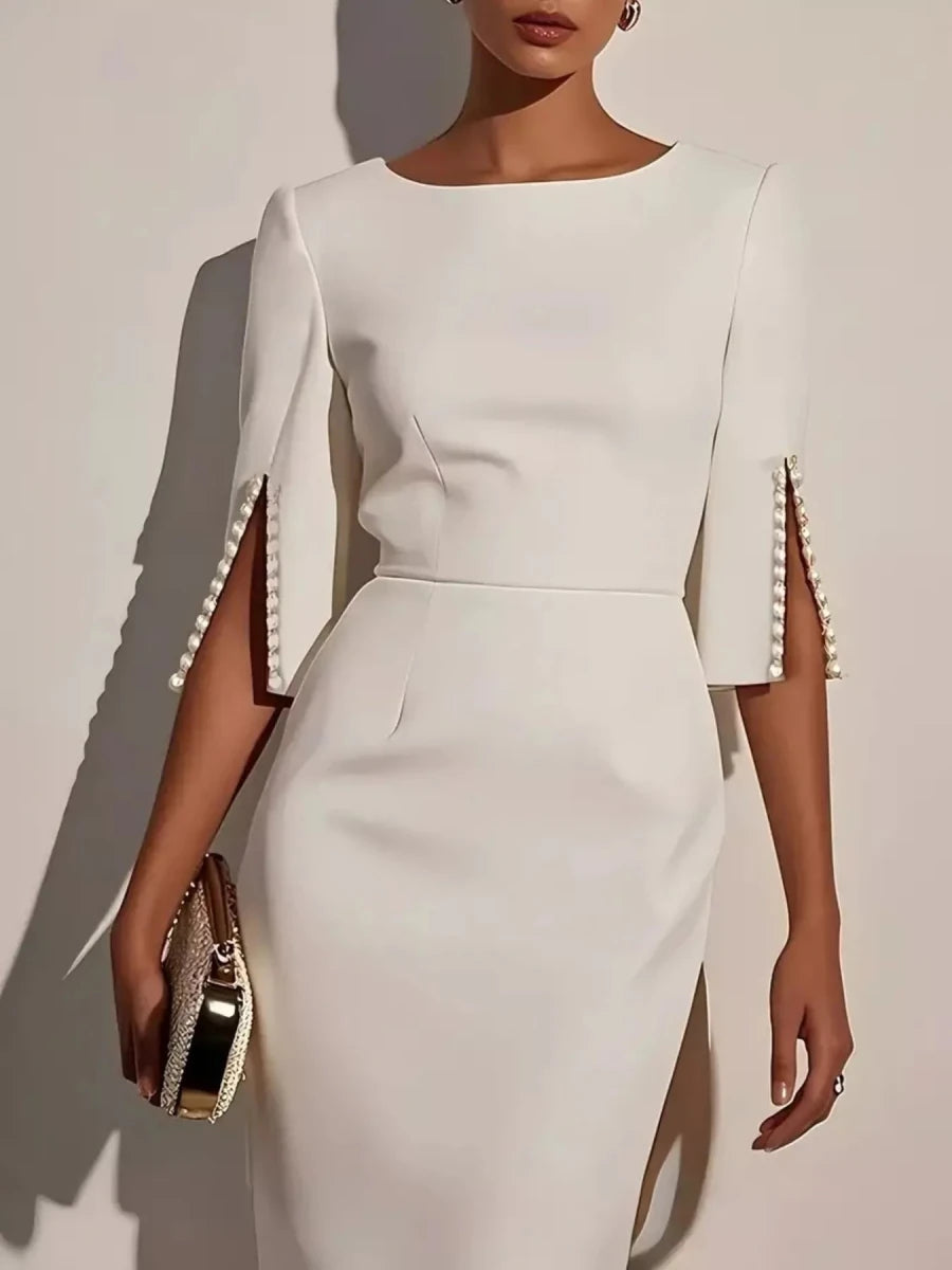 Elegant Midi Dress with Beaded Slit Sleeve - 