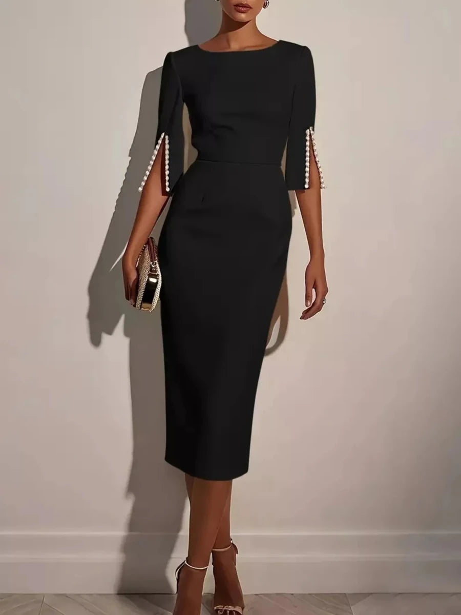 Elegant Midi Dress with Beaded Slit Sleeve - 