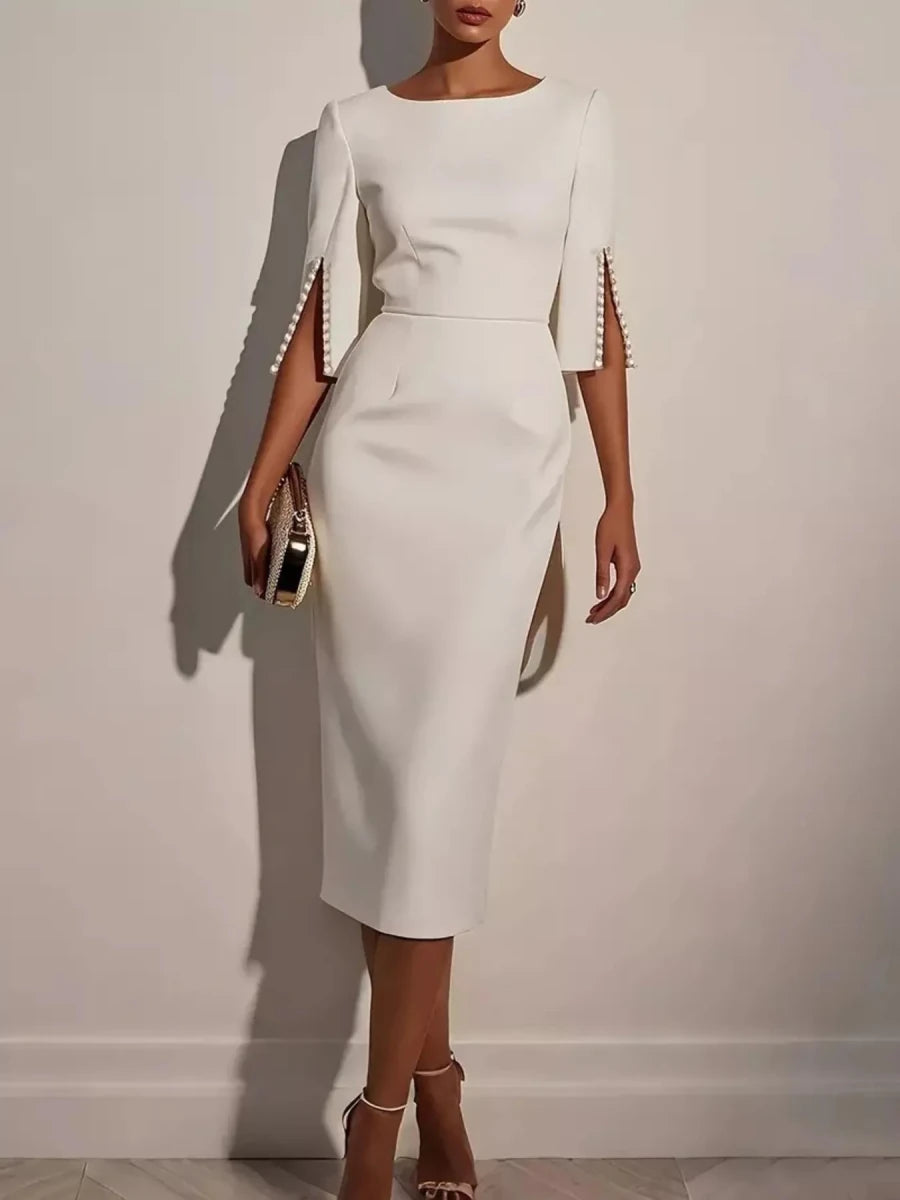 Elegant Midi Dress with Beaded Slit Sleeve - 