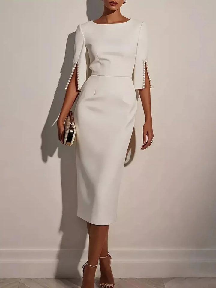 Elegant Midi Dress with Beaded Slit Sleeve - 