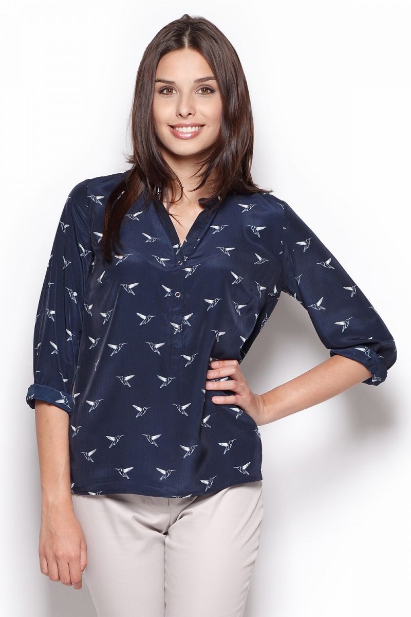 Elegant Printed Shirt – Stand - Up Collar, Buttoned Split, and Cuffed Long Sleeves - Top