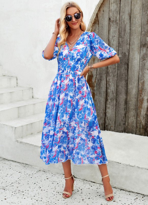 Elegant printed waist V - neck long dress - Day Dress