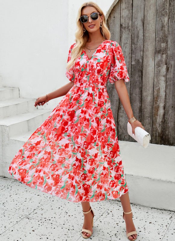 Elegant printed waist V - neck long dress - Day Dress