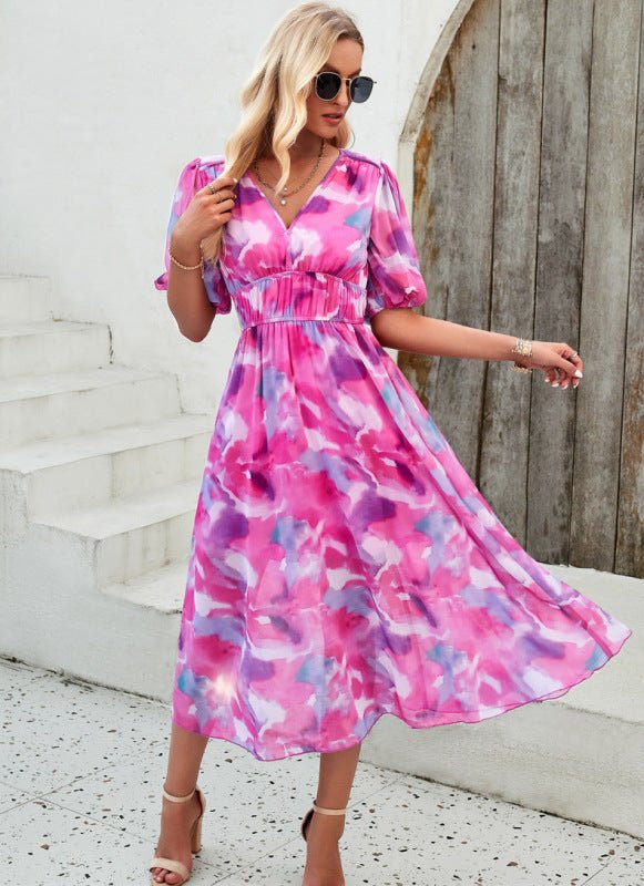 Elegant printed waist V - neck long dress - Day Dress
