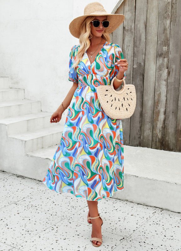 Elegant printed waist V - neck long dress - Day Dress