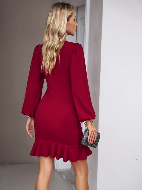 Elegant Puff Sleeve Ruffle Trim Solid Dress - Nightout dress