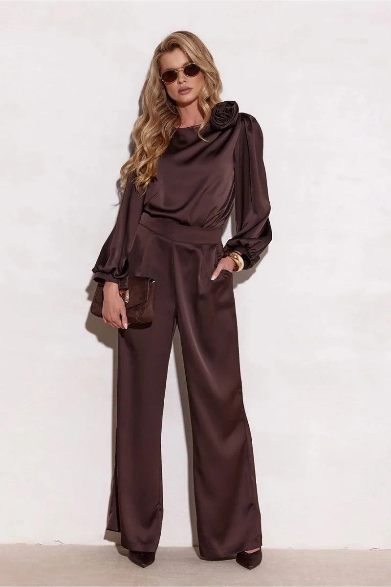 Elegant Satin Blouse with Rose Detail - 
