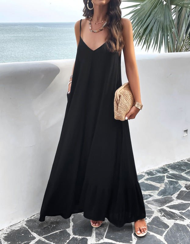 Elegant solid color loose suspender dress - Vacation Dress