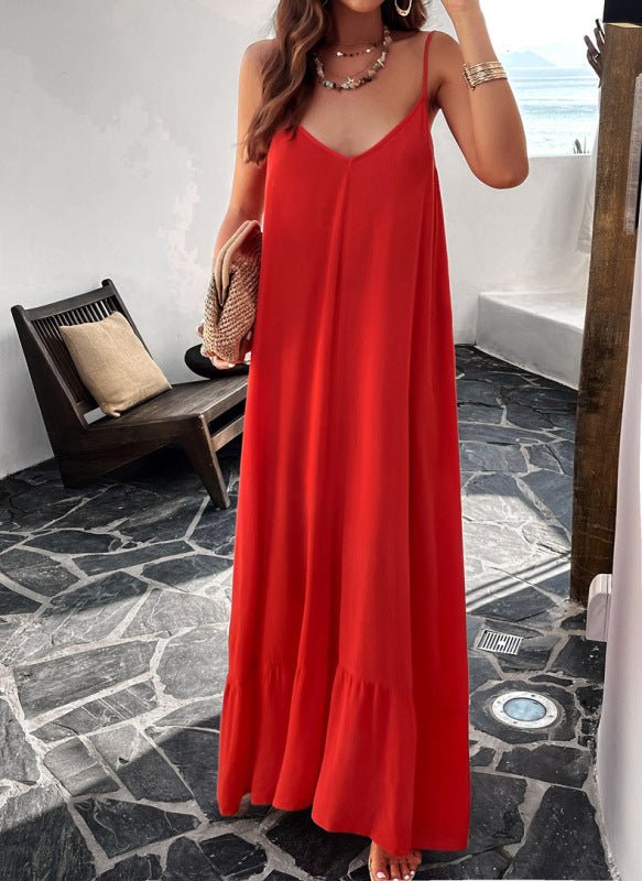 Elegant solid color loose suspender dress - Vacation Dress