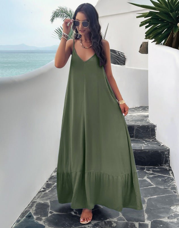 Elegant solid color loose suspender dress - Vacation Dress