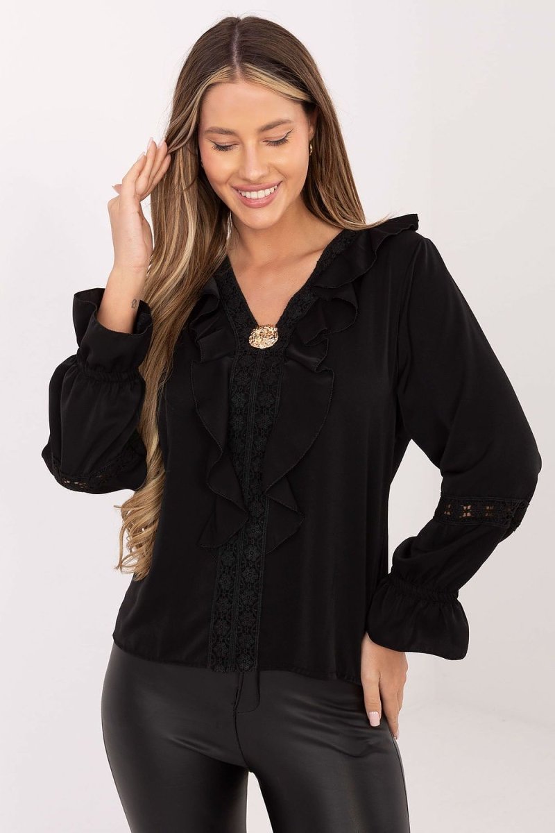 Elegant V - Neck Lace Insert Blouse - 