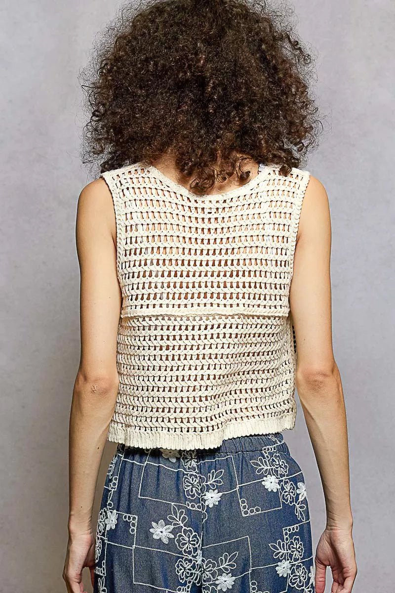 Embroidered Floral Crochet Vest with Wooden Buttons - 