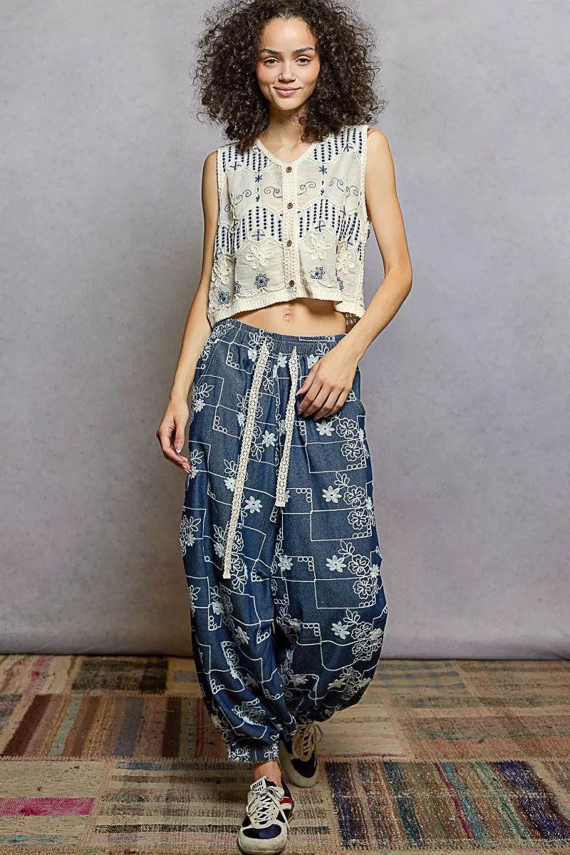 Embroidered Floral Crochet Vest with Wooden Buttons - 