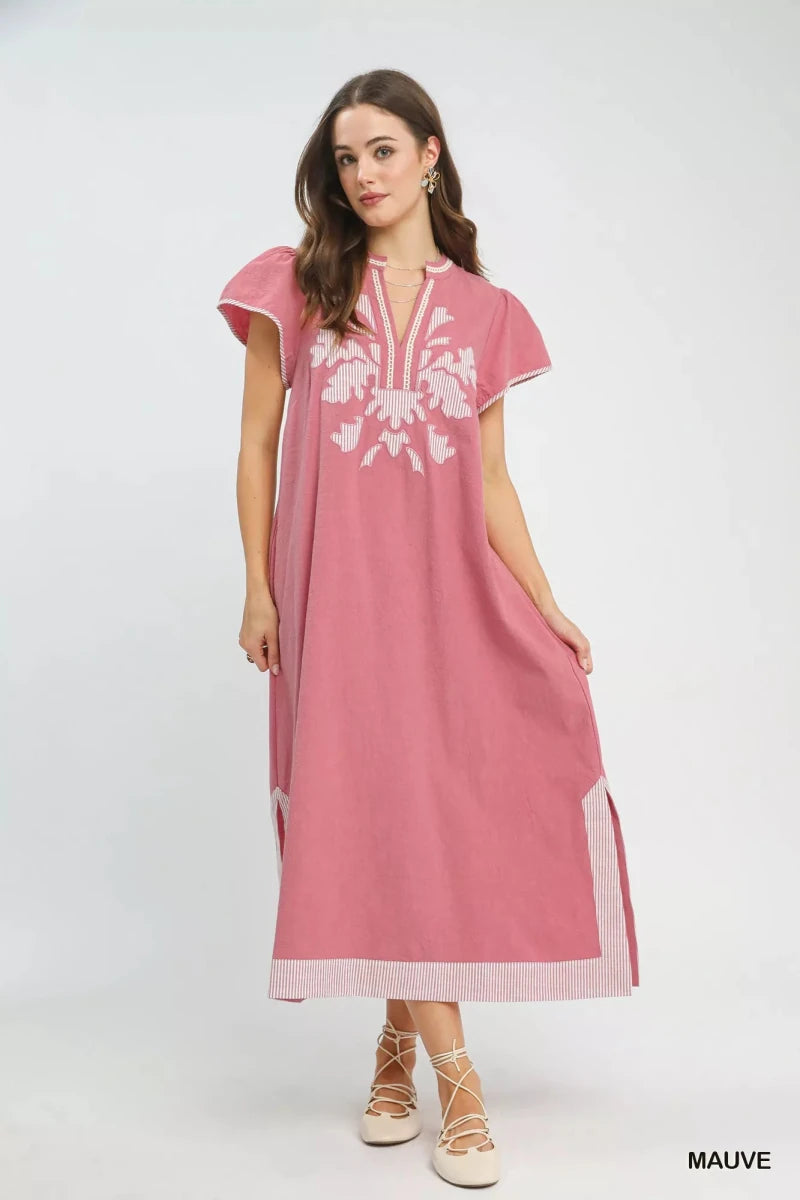 Embroidered Floral Midi Dress with Contrast Trim - 