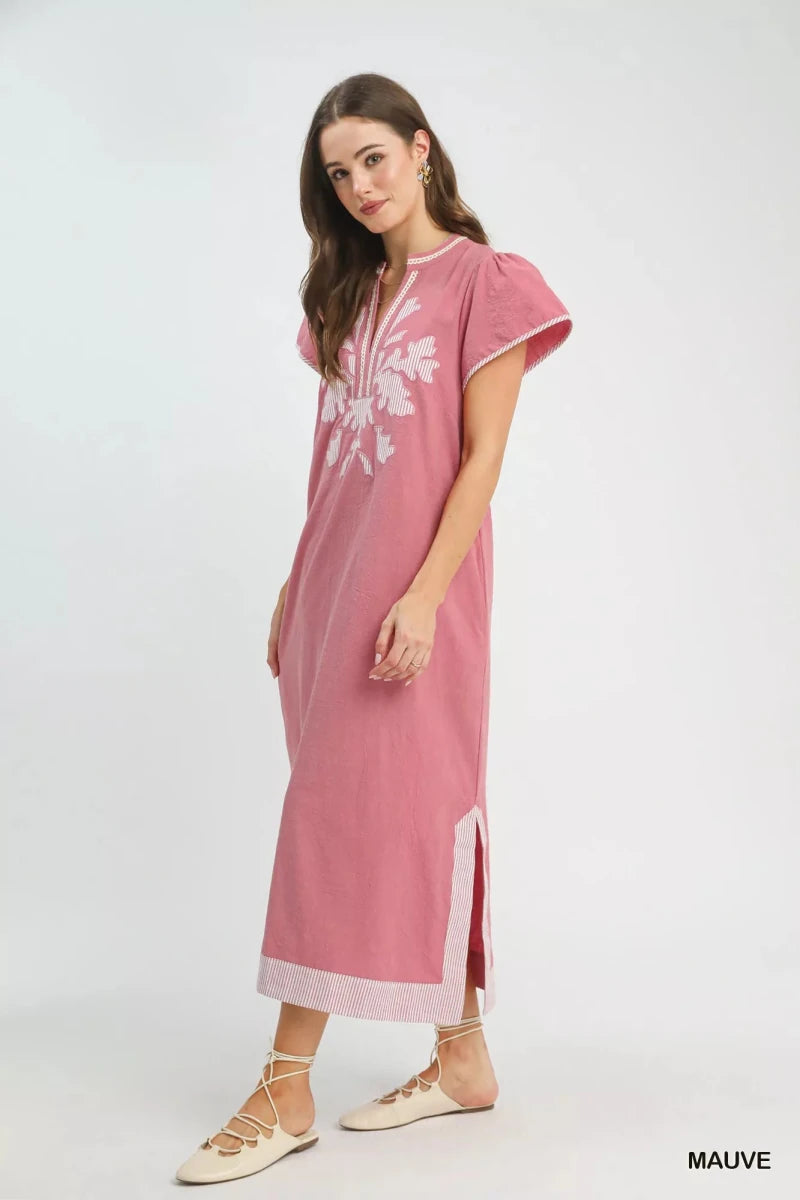 Embroidered Floral Midi Dress with Contrast Trim - 